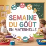 Illustration joyeuse semaine du goût en maternelle avec enfants et aliments