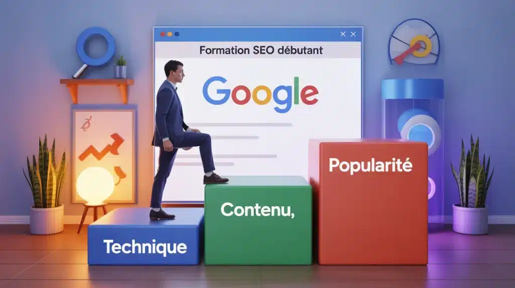 Formation SEO débutant escalier technique contenu popularité