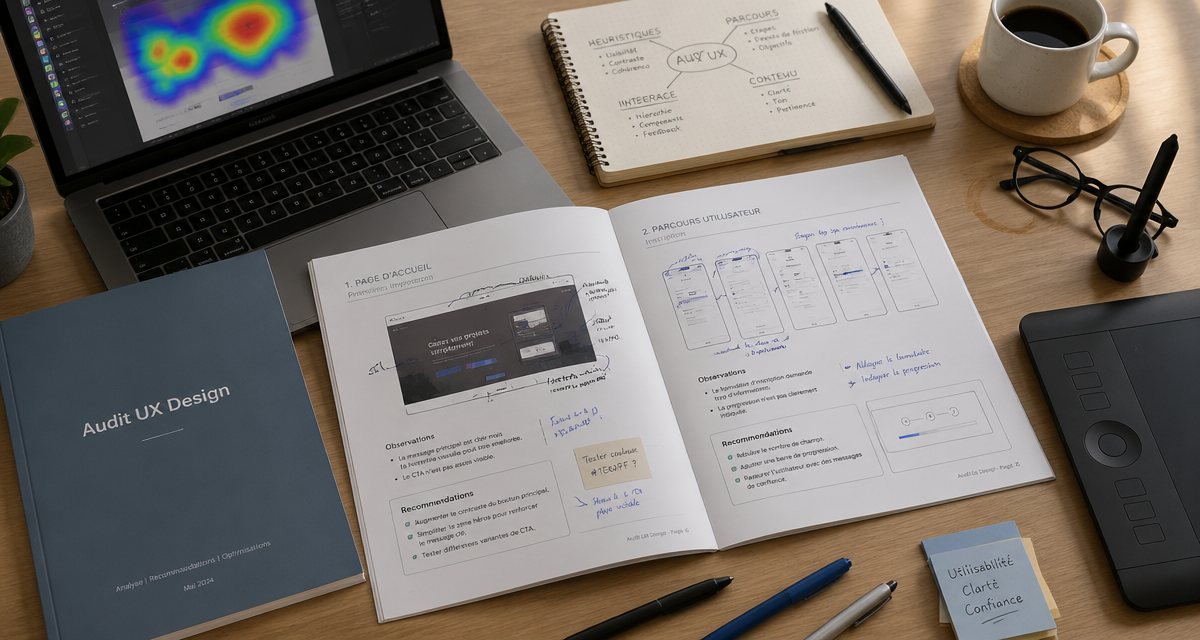 ux design audit rapport annoté sur bureau moderne