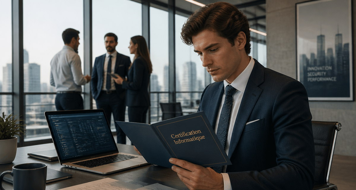 Jeune professionnel consultant un dossier de certification informatique en entreprise