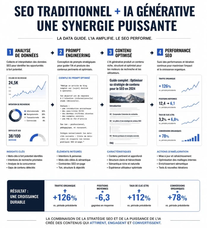 Infographie illustrant le flux de travail d'un expert freelance SEO et ChatGPT pour l'optimisation de contenu