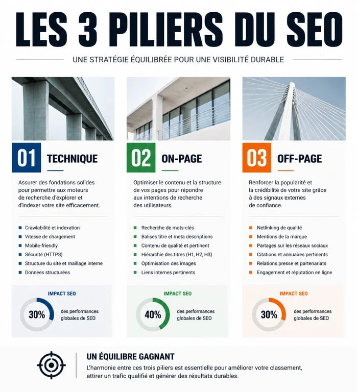 Infographie des trois piliers pour apprendre le SEO : technique, on-page et off-page