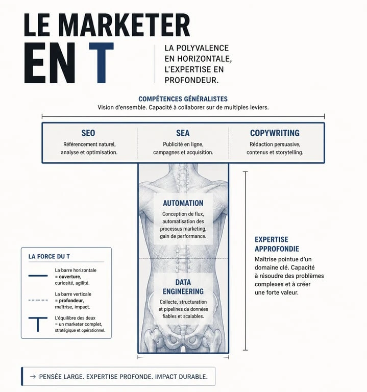 Infographie du profil T-Shaped en growth marketing : compétences larges et expertise technique