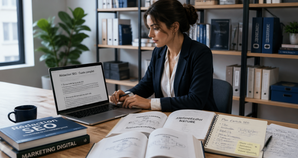 formation rédaction seo jeune femme ordinateur livres