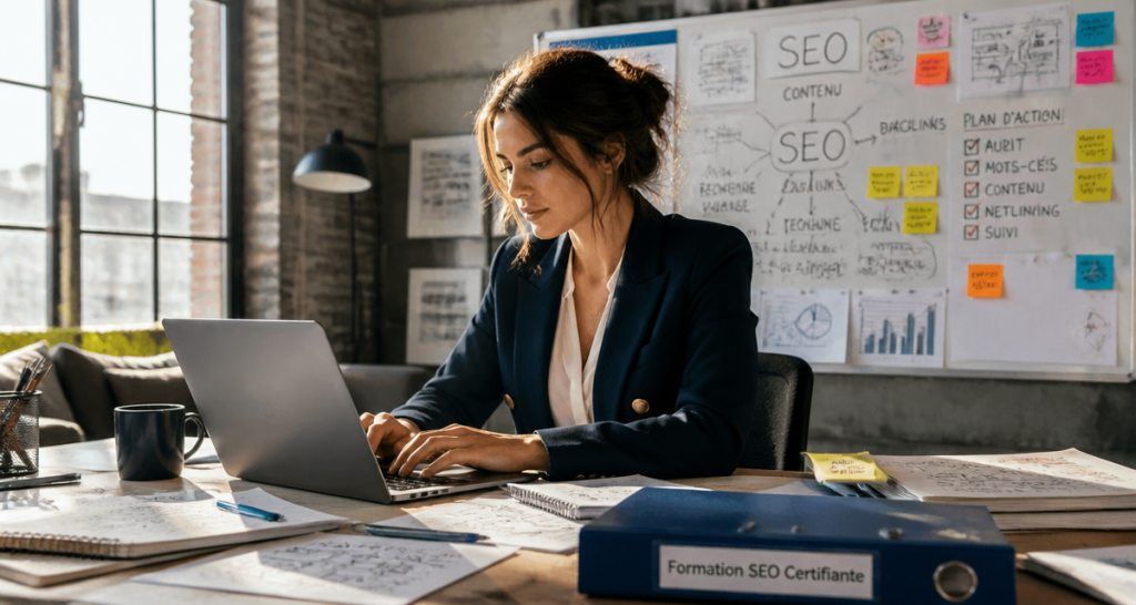 formation seo certifiante femme travaillant sur ordinateur