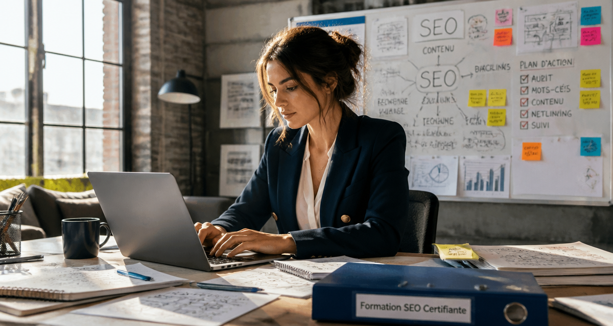 formation seo certifiante femme travaillant sur ordinateur
