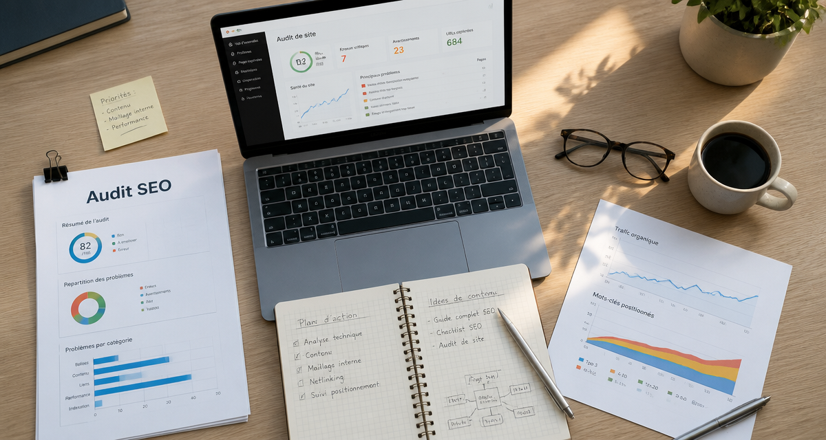 outils audit seo sur bureau avec audit papier et ordinateur
