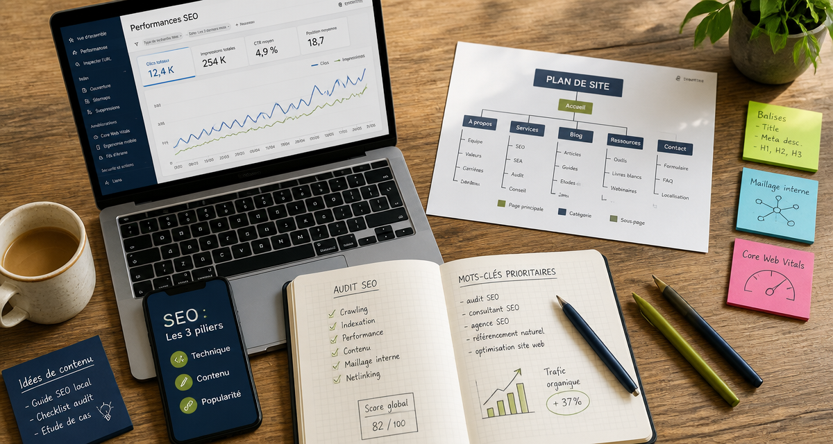referencement naturel seo, bureau expert, 3 piliers