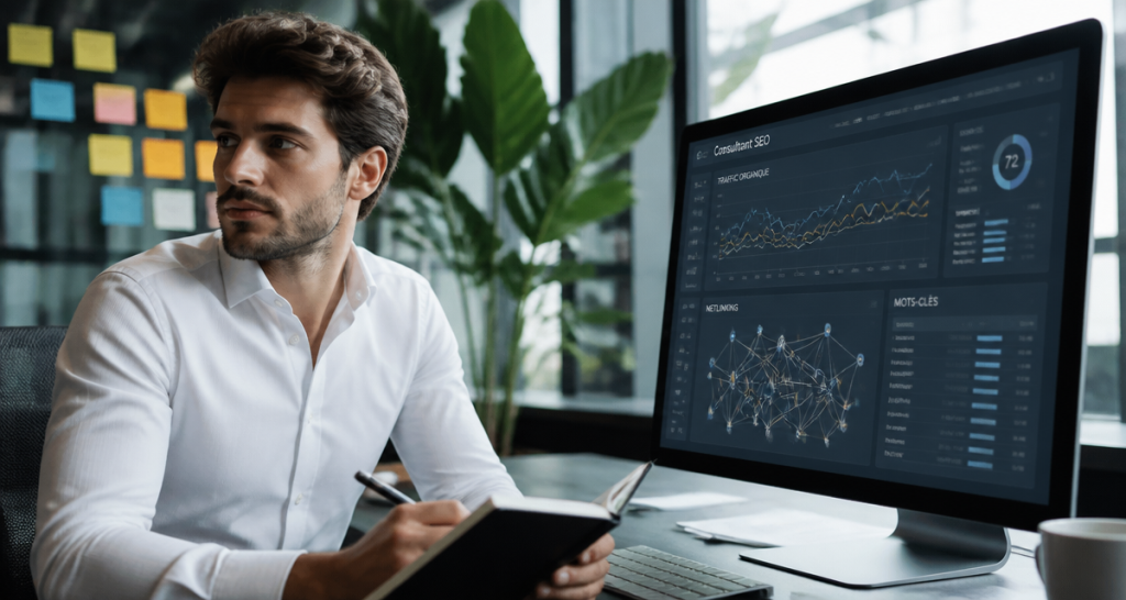 search optimization consultant devant écran SEO
