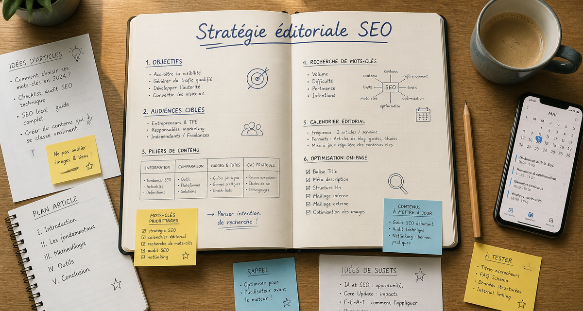 stratégie éditoriale pour le seo carnet et bureau