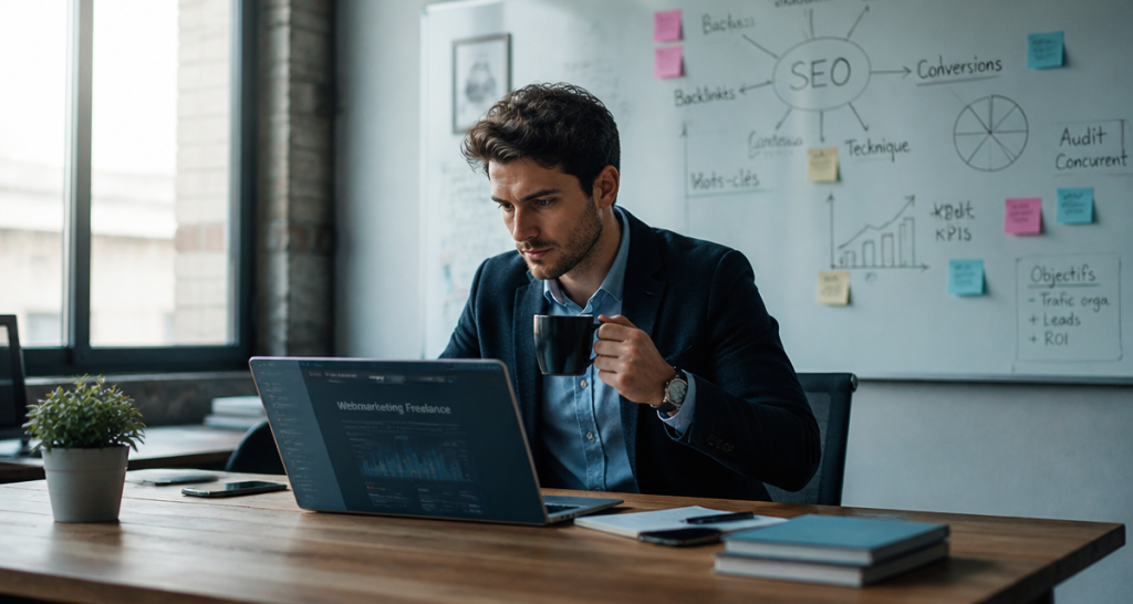 Consultant webmarketing freelance travaillant en open space