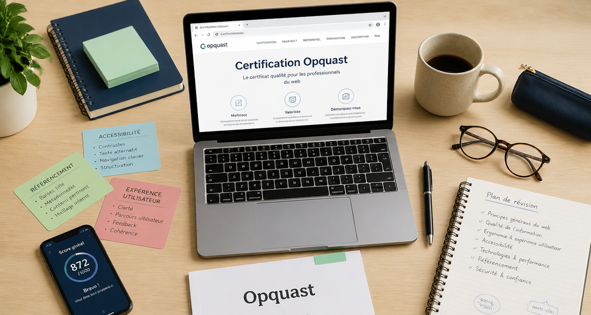 bureau avec outils de révision certification opquast