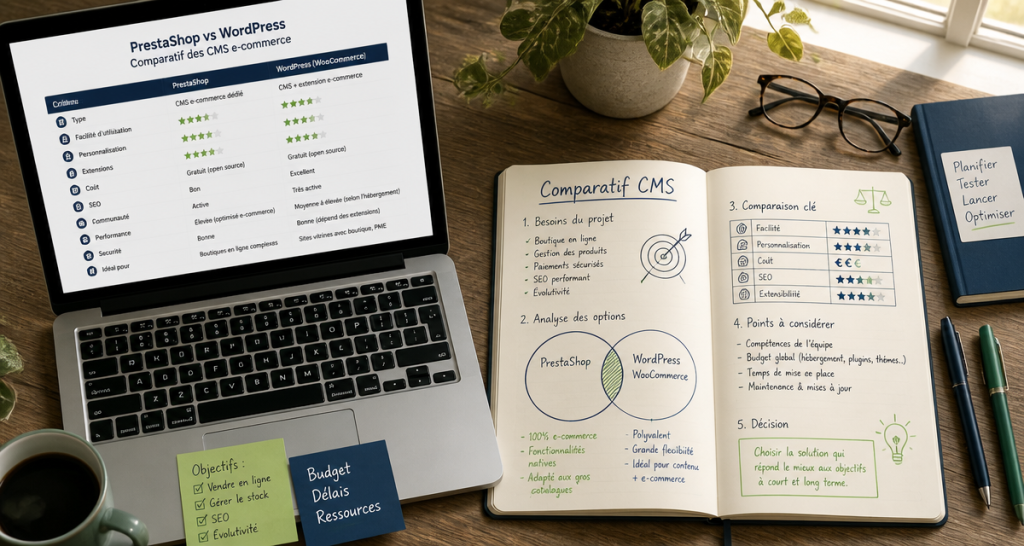 Comparatif PrestaShop et WordPress sur un bureau