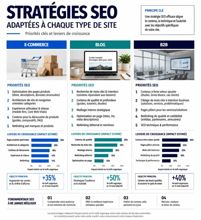 Infographie des stratégies pour optimiser le SEO par type de site web