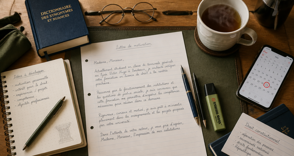 Lettre de motivation pour lyceen manuscrite sur bureau