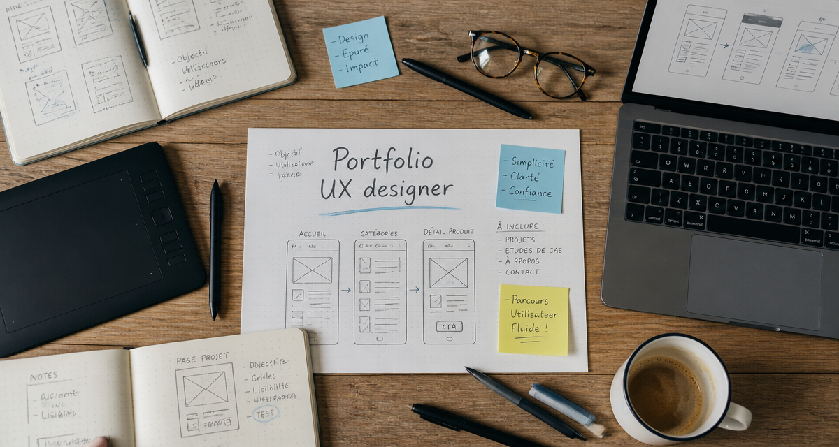 Bureau créatif avec outils de portfolio UX designer