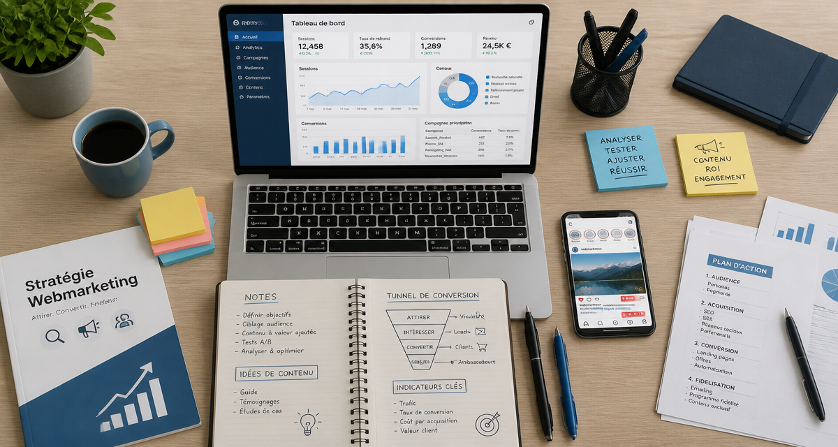 Bureau webmarketing moderne avec outils d'analyse