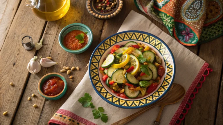 Moroccan Zucchini Recipes salad with colorful peppers, pine nuts, and herbs in a traditional ceramic bowl
