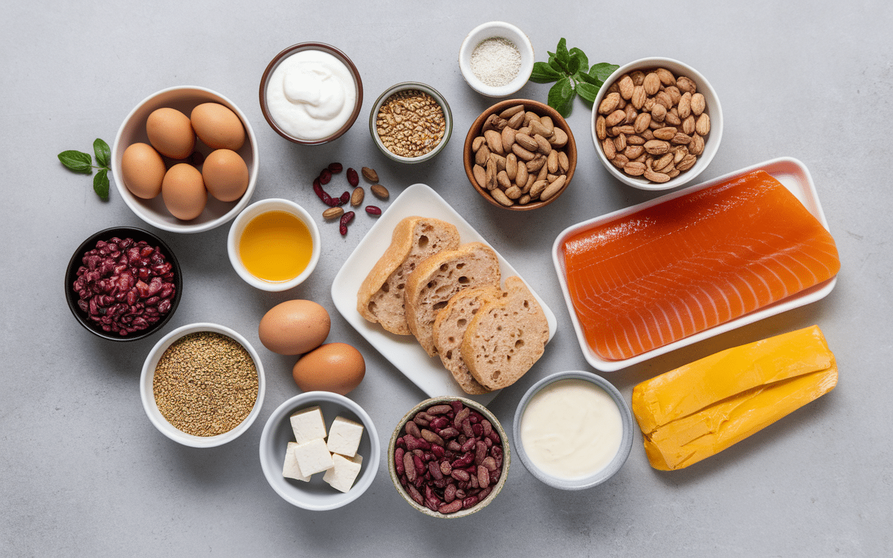 Variété aliments riches en protéines pour petit déjeuner équilibré