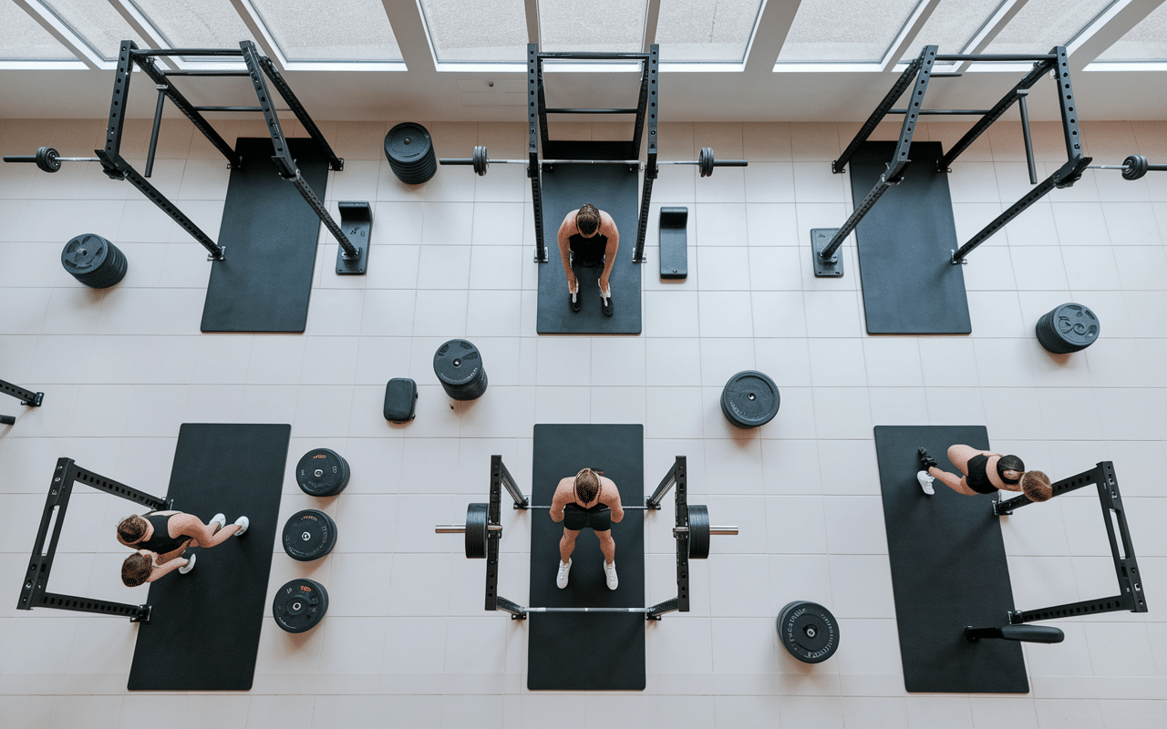 Vue aérienne stations musculation salle fitness