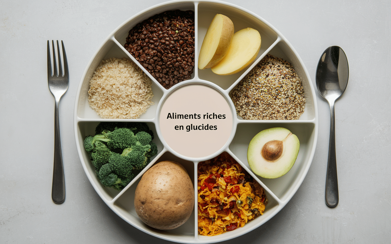 Variété d'aliments riches en glucides complexes disposés harmonieusement