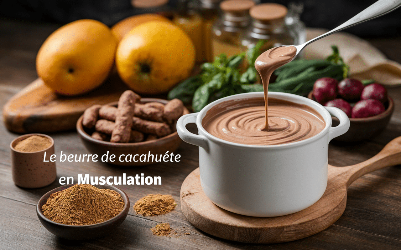 Pot de beurre de cacahuète avec haltères et protéines