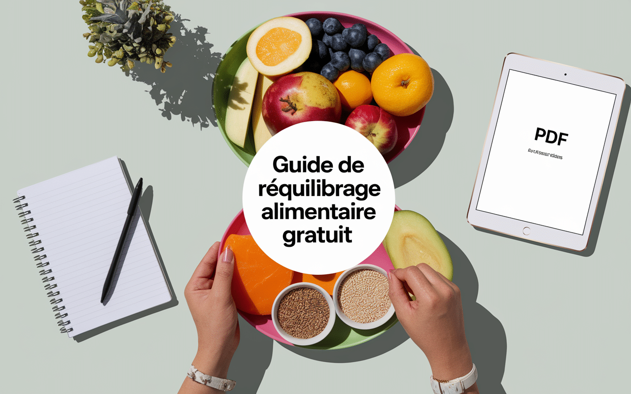 Table avec aliments équilibrés et PDF de rééquilibrage