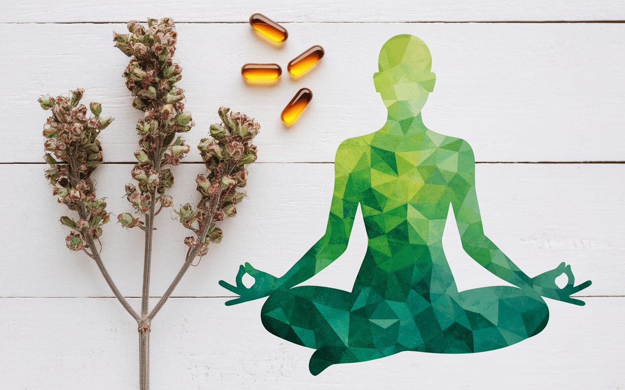 Gélules rhodiola et plante séchée, ambiance méditative