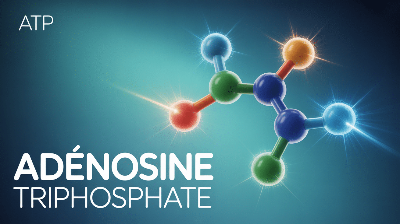 Structure moléculaire ATP avec adénine, ribose, phosphates