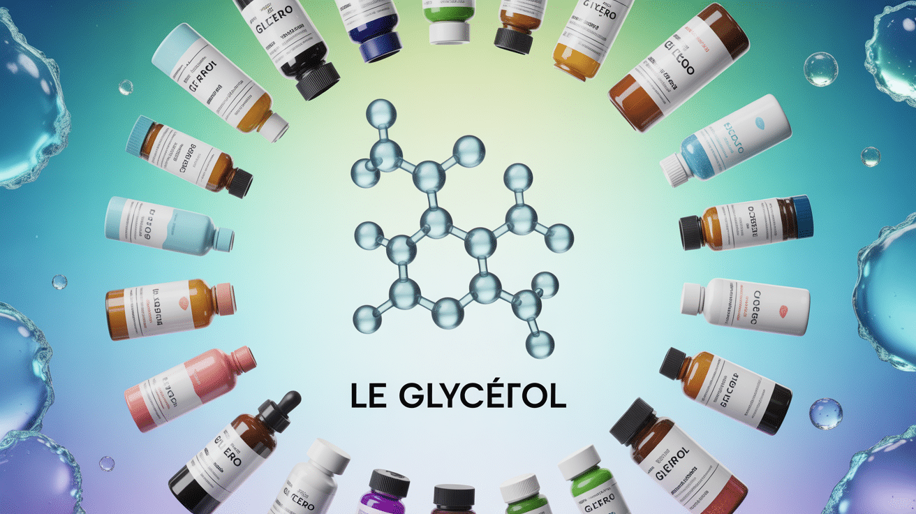 3D glycerol molecule with water droplets and medical products