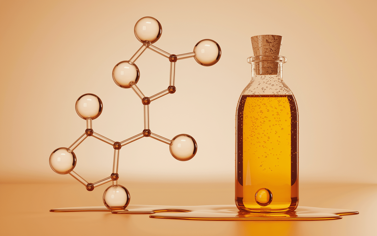 3D transparent glycerol molecule C₃H₈O₃ with viscous liquid drop