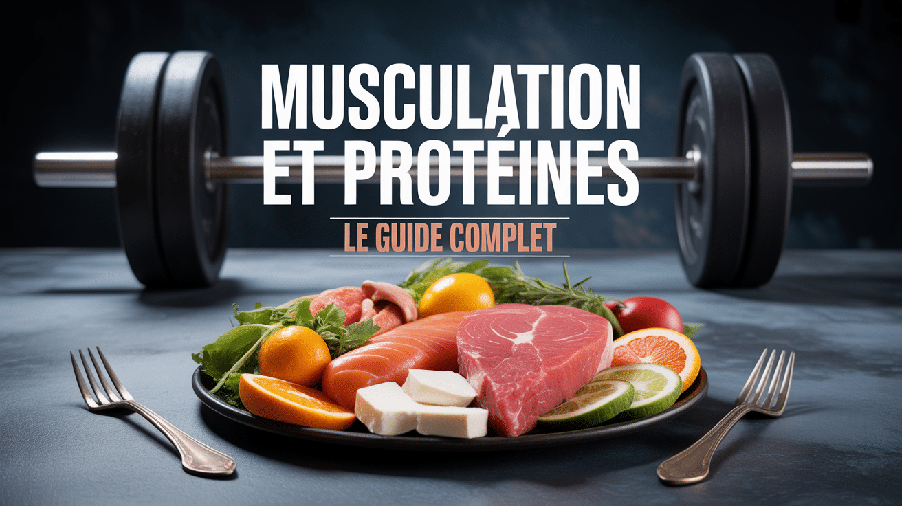 Plateau repas protéiné avec haltères, guide musculation et protéine
