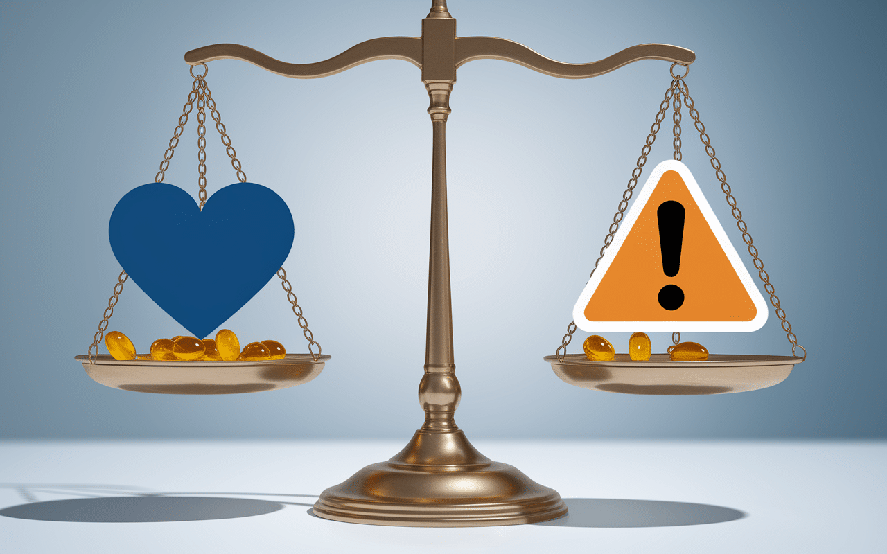 Gélules oméga-3 sur balance médicale, bienfaits vs précautions