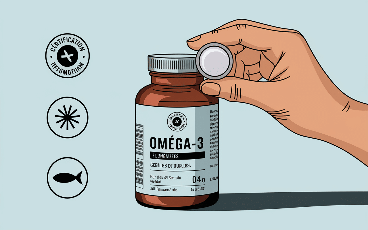 Loupe examinant étiquette gélules oméga-3, critères sécurité