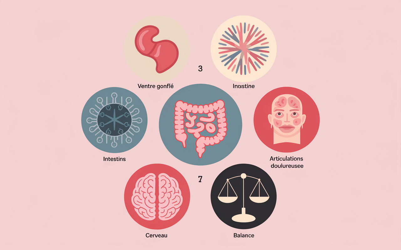 infographie 7 signes intolerance gluten icones colorees