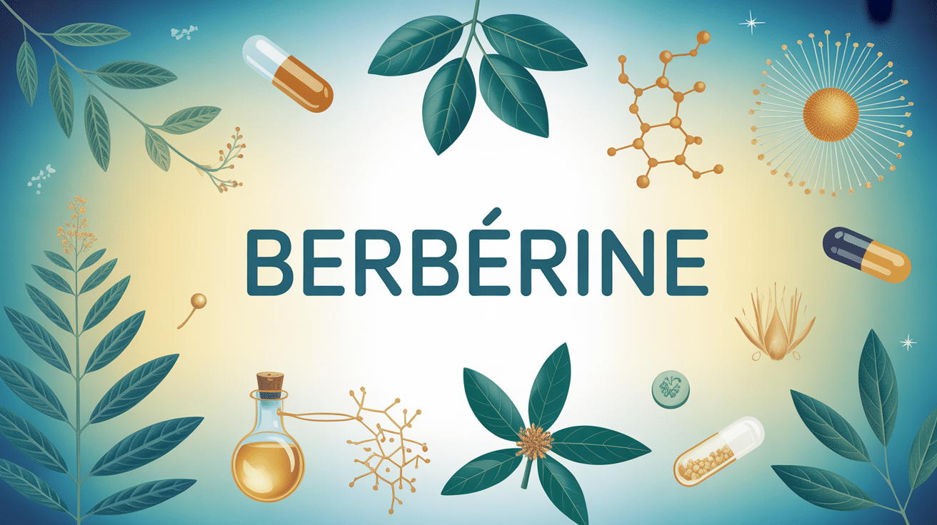 Illustration scientifique de berbérine avec plantes et molécules