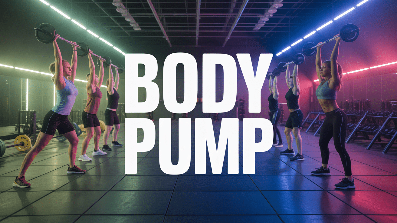 Salle Body Pump avec participants et équipements de musculation