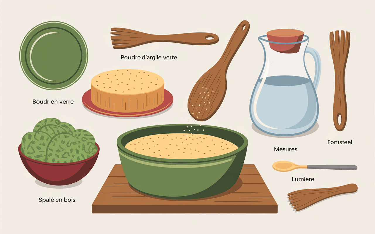 Preparation cataplasme argile verte dans bol en verre avec spatule bois