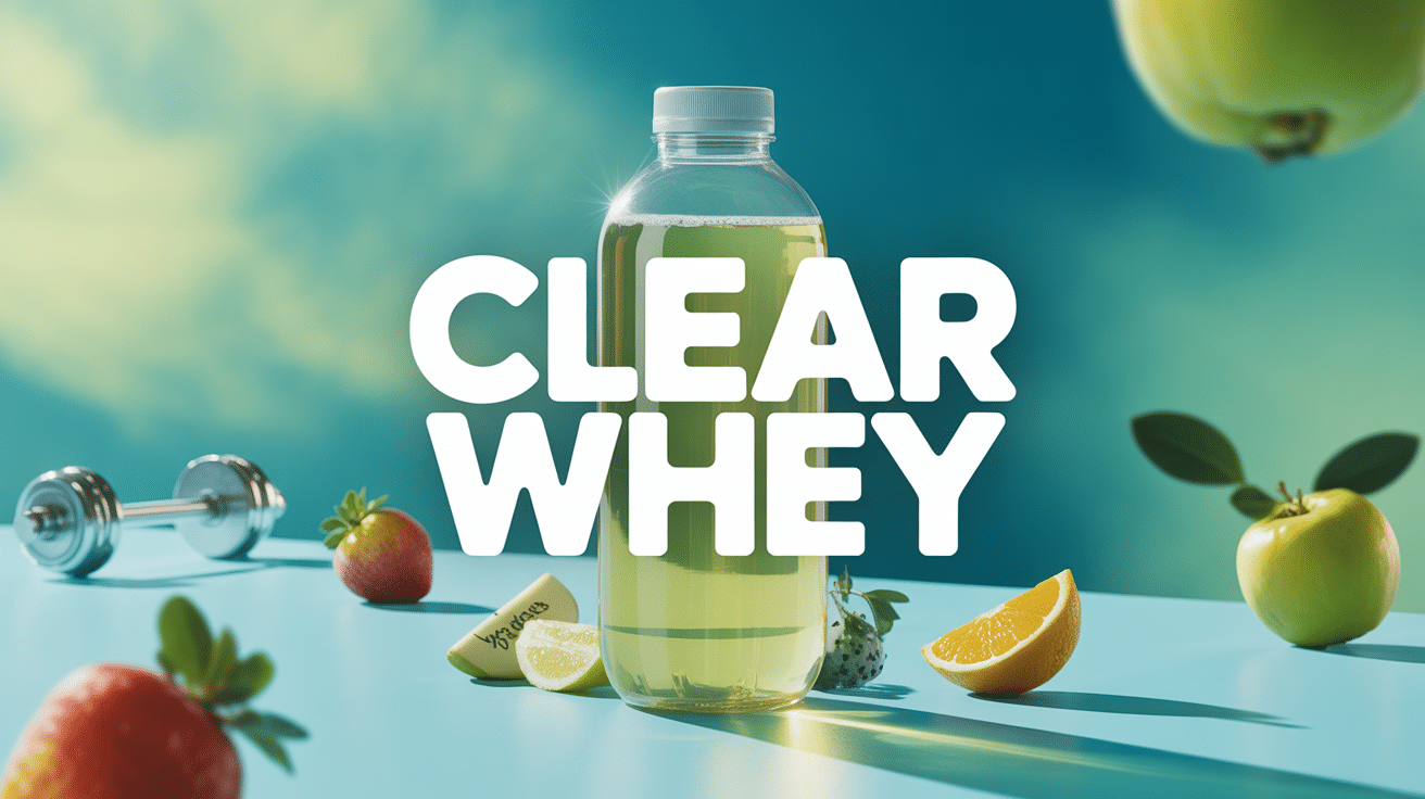 Bouteille clear whey transparente avec fruits et équipements sport