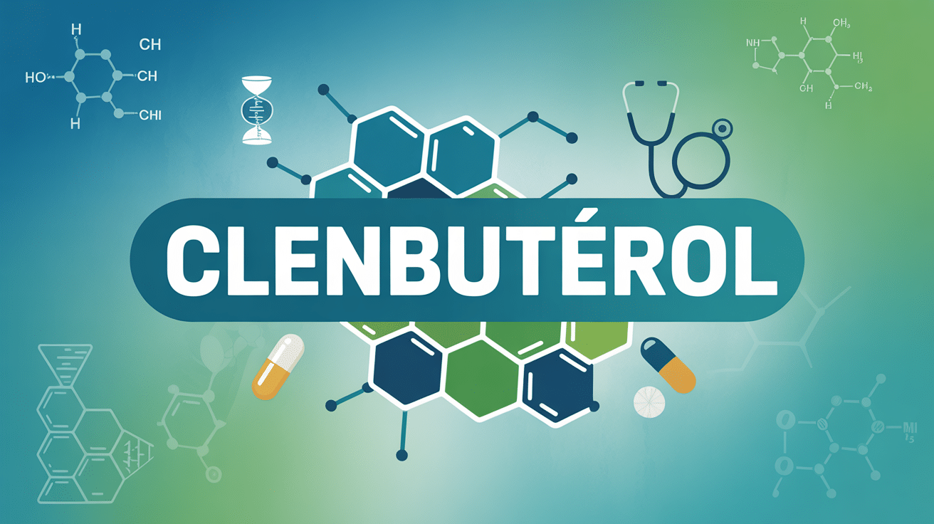 Illustration moléculaire de clenbutérol avec symboles médicaux