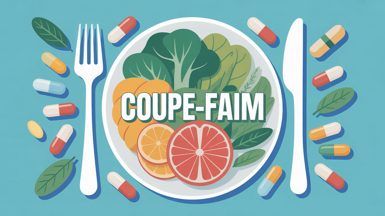 Illustration coupe-faim avec aliments sains et compléments