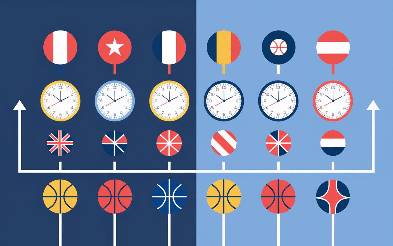 Tableau comparatif durée match basket avec chronomètres et icônes