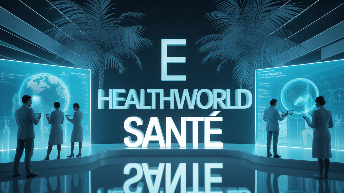 Scene moderne congres medical E Healthworld Santé avec professionnels et ecrans holographiques