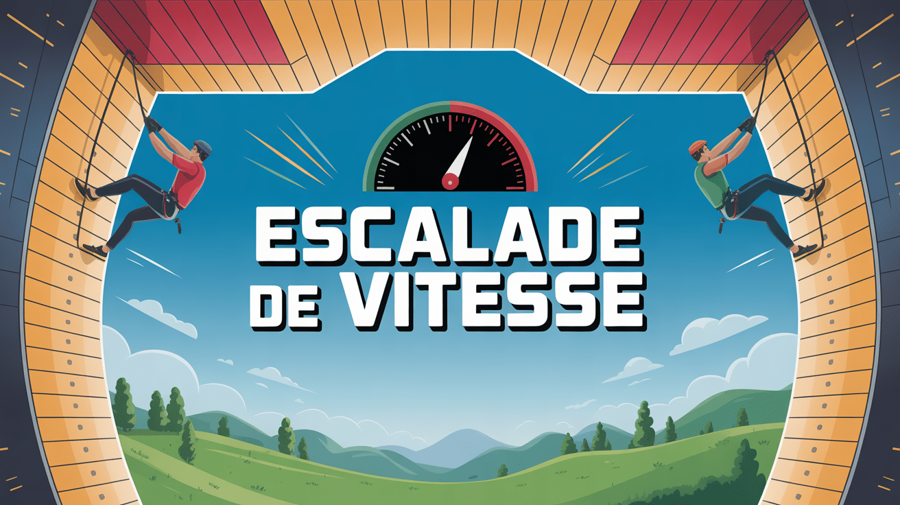 Mur escalade de vitesse 15 m avec grimpeurs et chronomètre