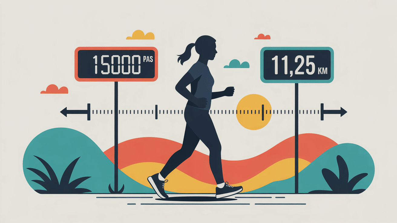 illustration silhouette marche 15000 pas en km compteur digital