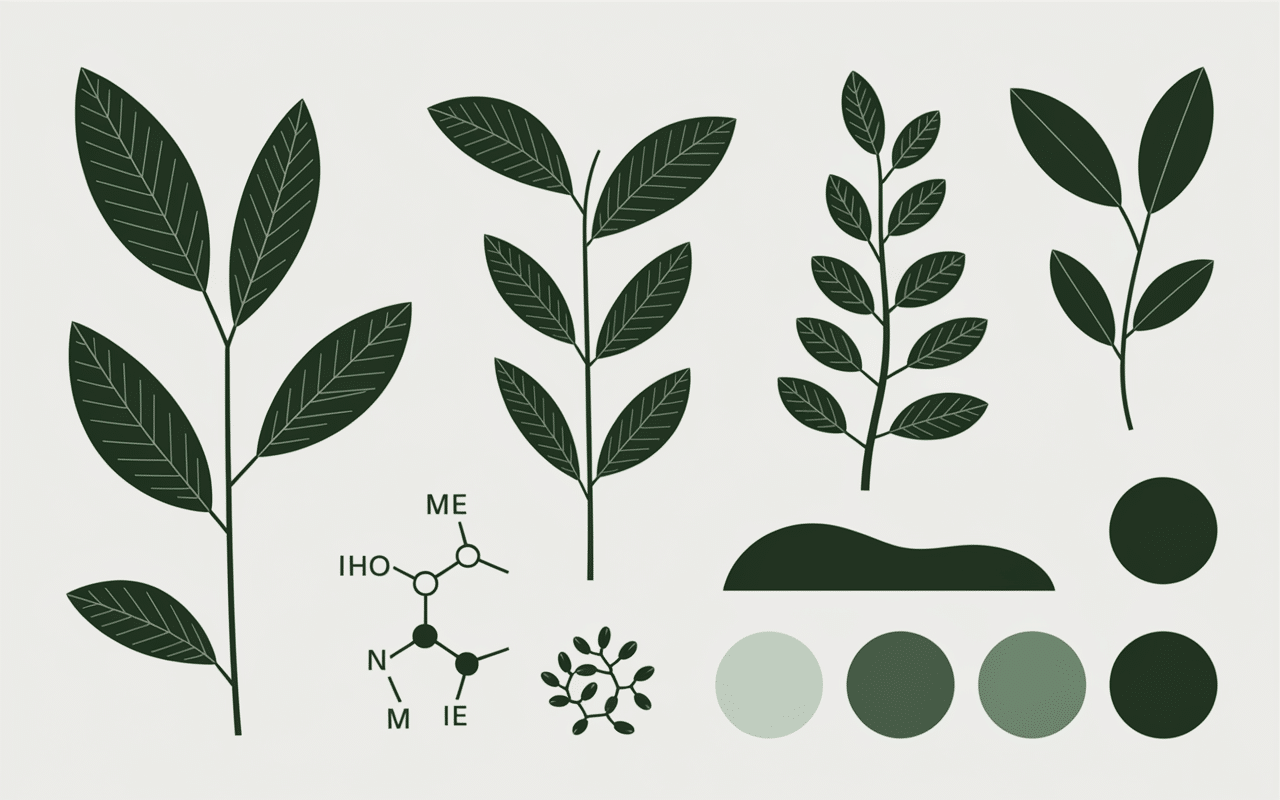 feuilles de thé vert et illustration moléculaire composition