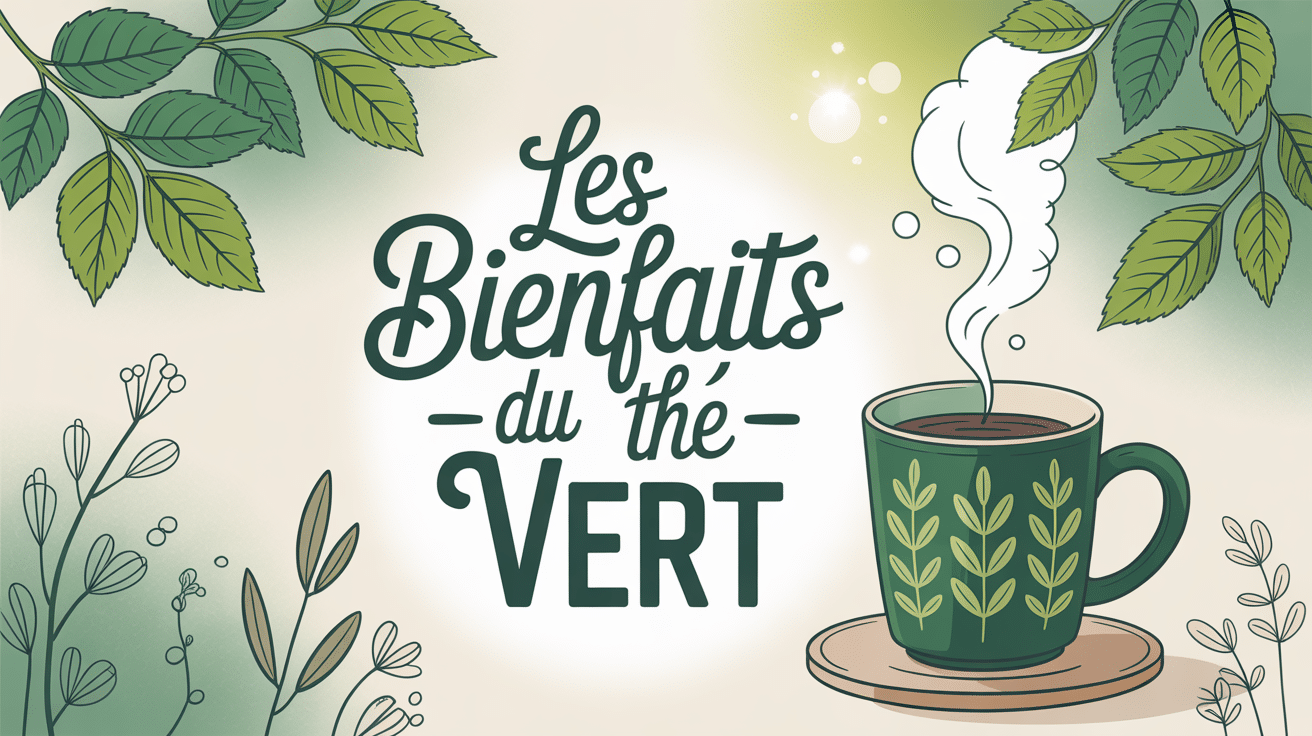tasse de thé vert fumante avec feuilles fraîches autour