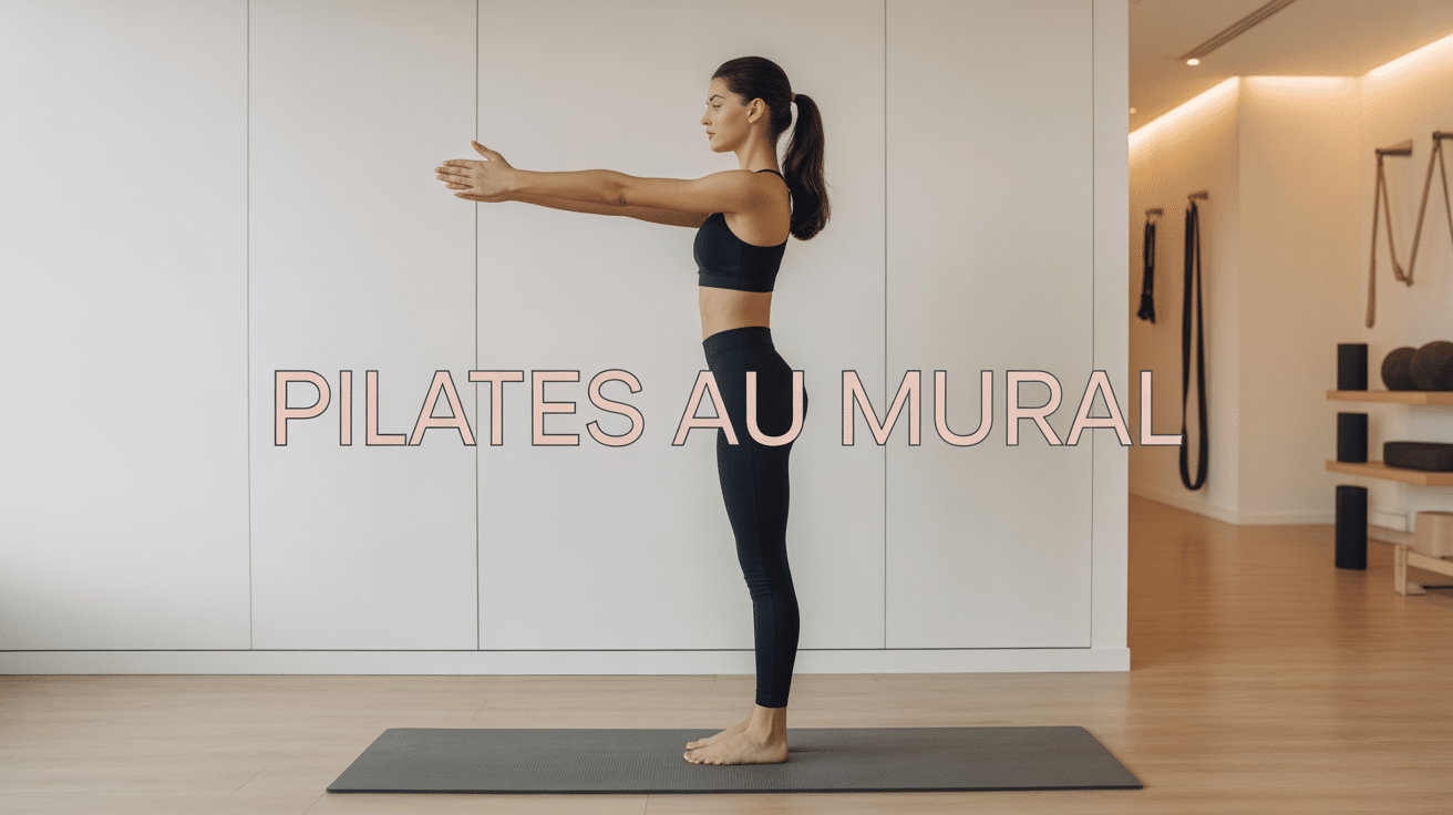 Femme faisant pilates au mur dans salon moderne