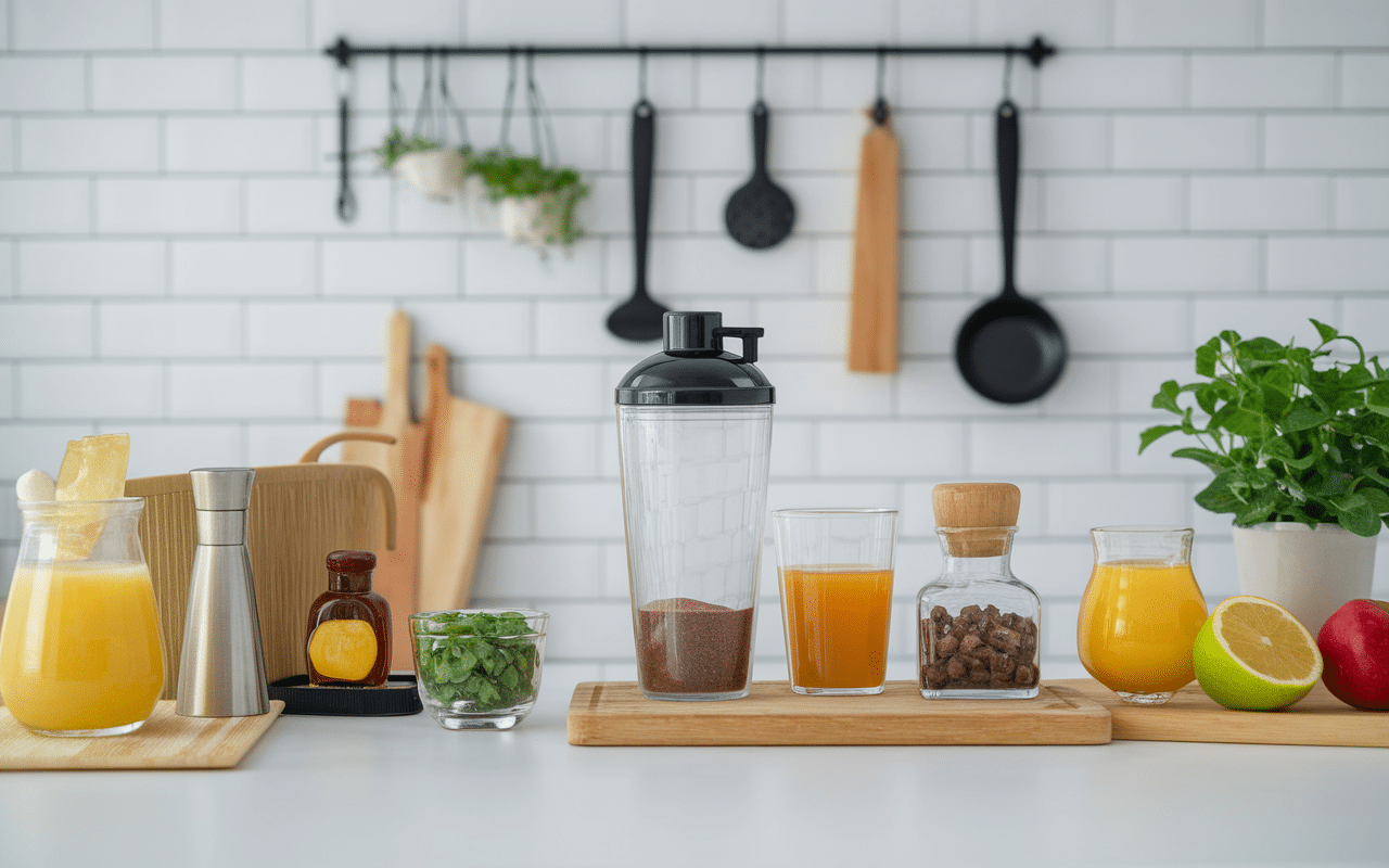 Cuisine avec ingrédients et ustensiles pour pre workout maison