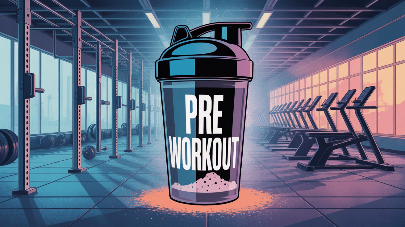 Salle de sport avec shaker pre workout, haltères et équipements fitness
